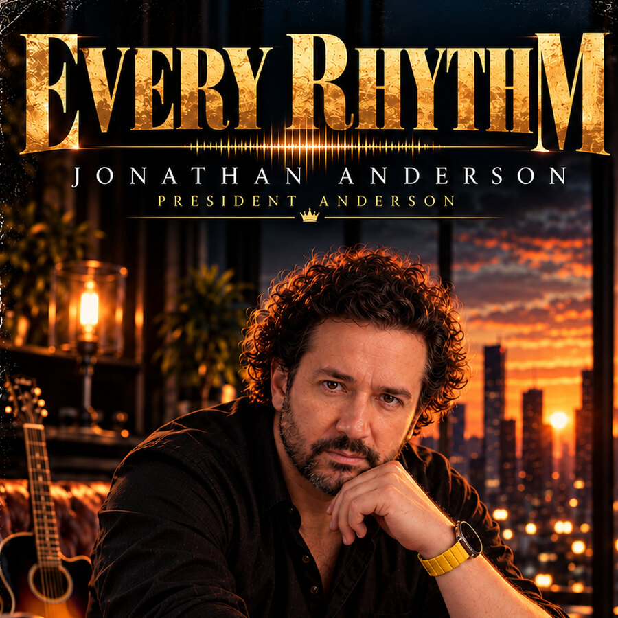 Every Rhythm album cover: Jonathan Anderson seated in a studio in front of a city skyline at sunset, gold title lettering above.